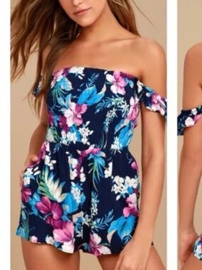 Lulus Majorca Navy Blue Floral Print Off-the-Shoulder Romper size XS
